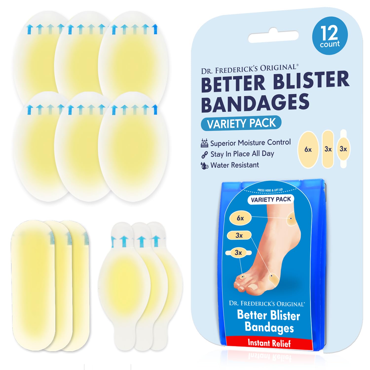 Dr. Frederick's Original Better Blister Bandages 12ct Water Resistant 40% More Cushioning Hydrocolloid Bandages Foot Toe