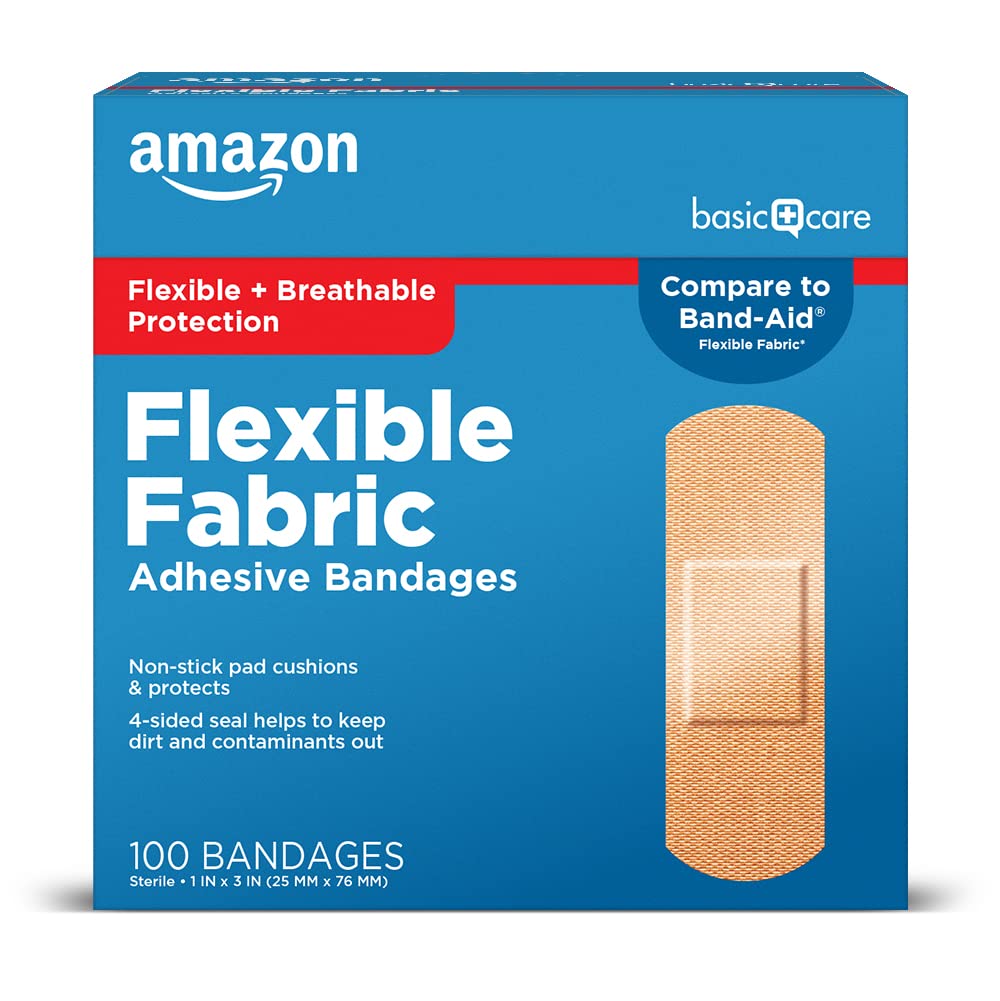 Amazon Basic Care Flexible Fabric Adhesive Bandages, First Aid and Wound Care for All, Everyday Emergencies, 100 Count,