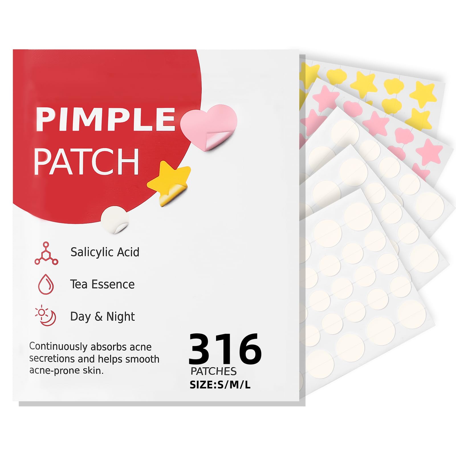 Face Acne Patches 316pcs Hydrocolloid Star Zit Patches for Skin Care Containing Salicylic Acid Tea Tree Oil and Calendu