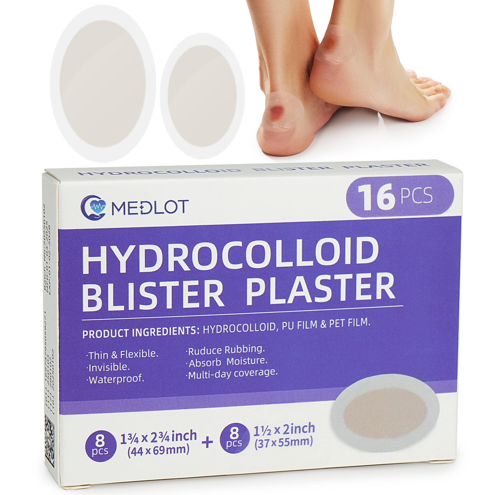 **Invisible Blister Pads for Feet, 16PCS, 2 Sizes, Waterproof Hydrocolloid Bandages for Toe and Heel Protection and Hea