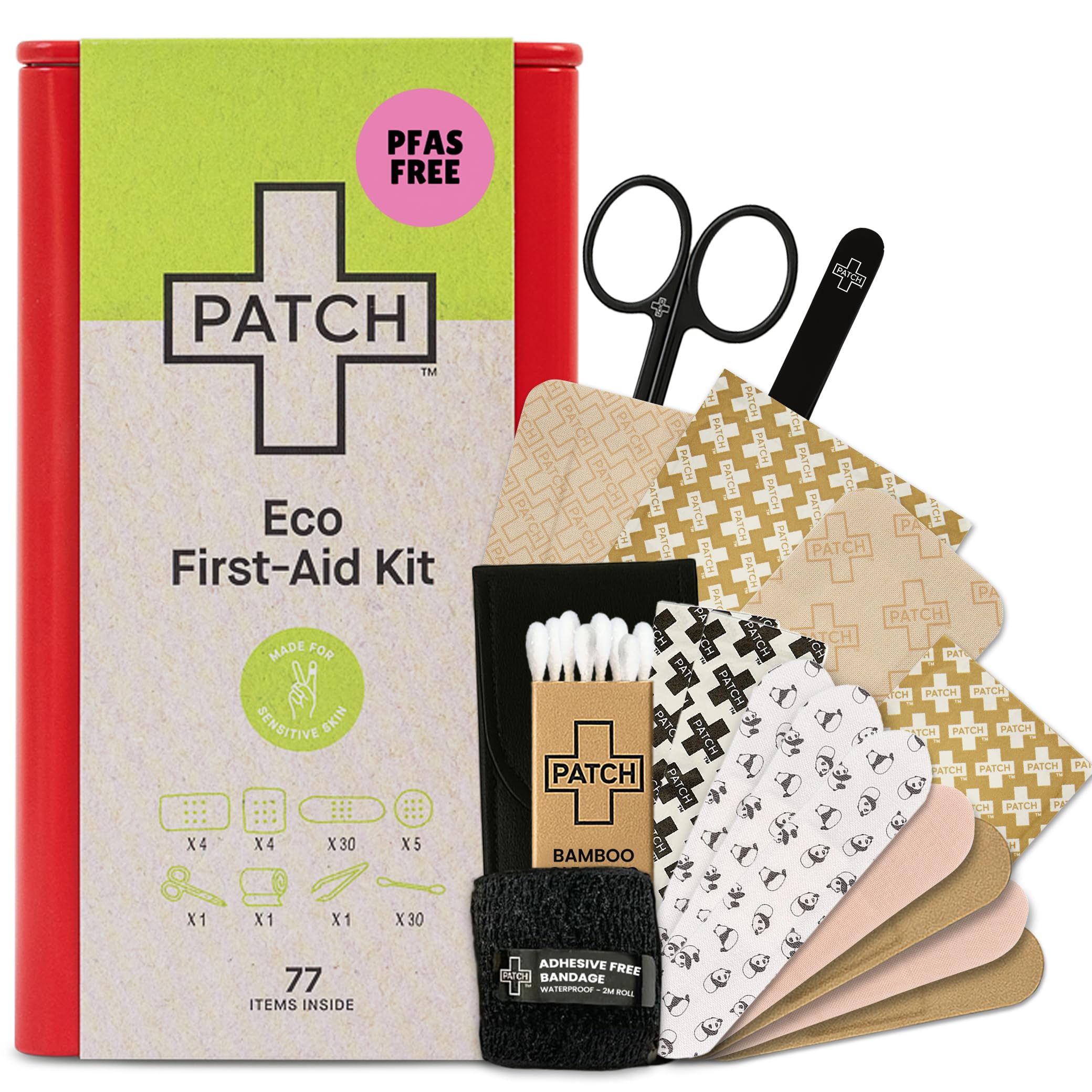 PATCH Eco First Aid Kit for Sensitive Skin Large & Small Bandages Latex Free 77 ctReusable Tin Essential Medical Supplie