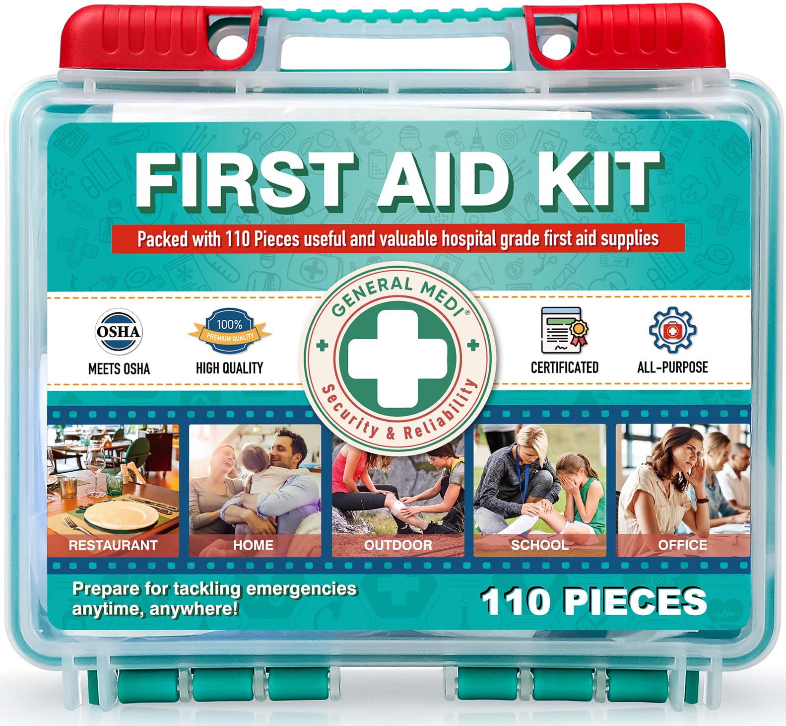 General Medi 110 Pieces Small First Aid Kit - HardCase First Aid Box - Premium Medical Supplies for Travel, Home, Office